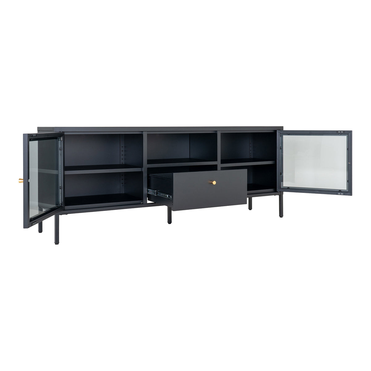 Joris TV-Board mit 2 Glastüren und Schublade – Stahl Schwarz, 150 × 35 × 60 cm – Ansicht 4
