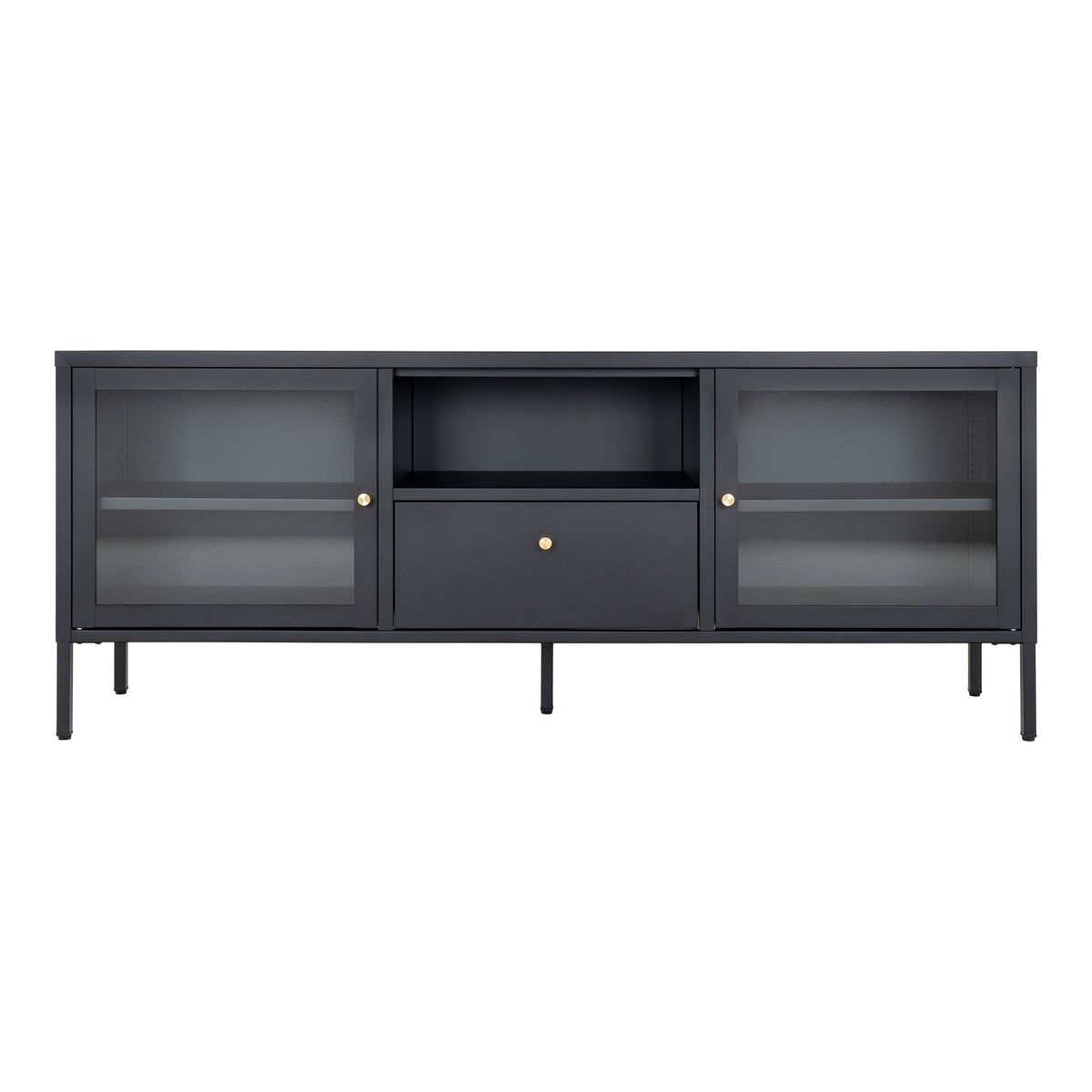 Joris TV-Board mit 2 Glastüren und Schublade – Stahl Schwarz, 150 × 35 × 60 cm von Luiva Living