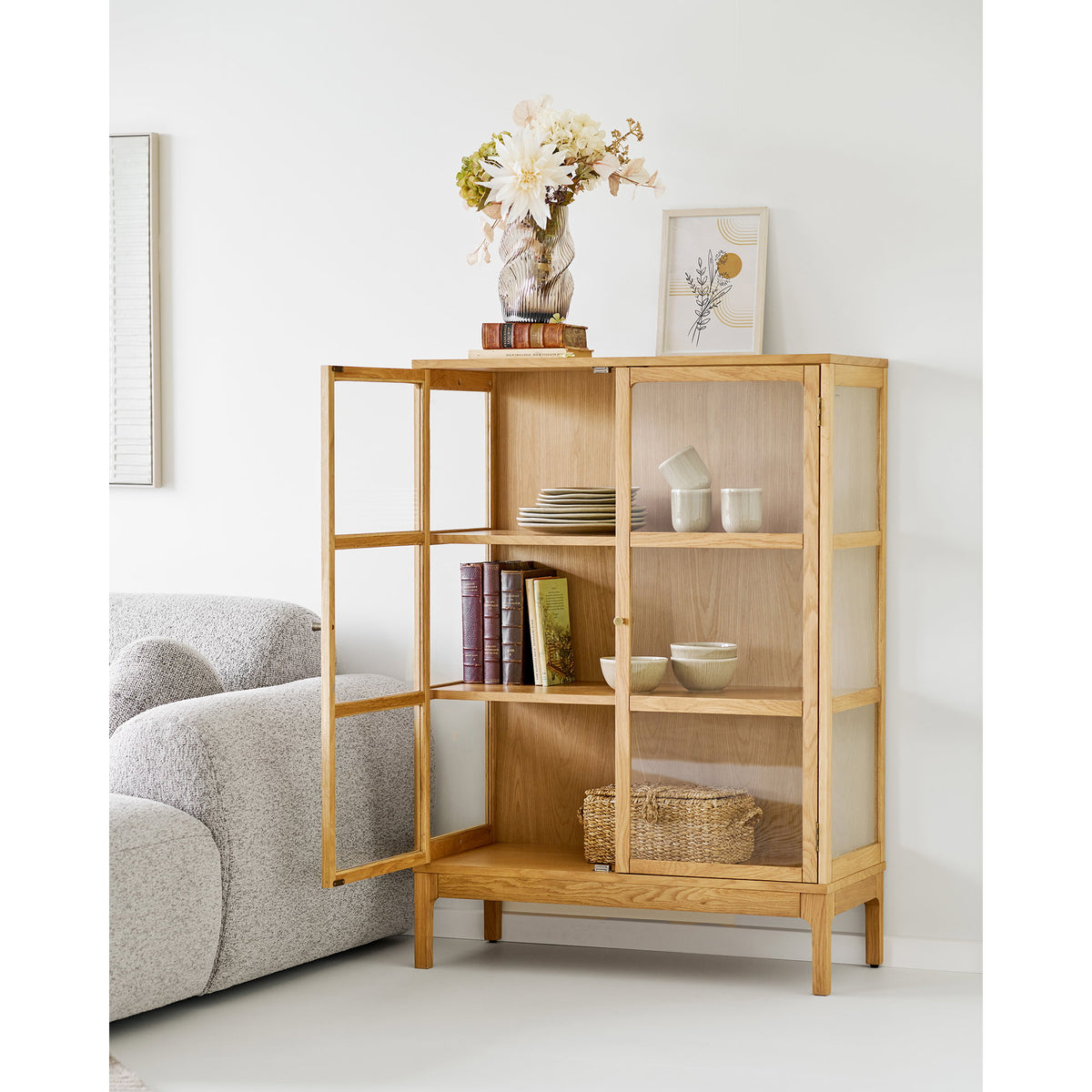 Fine Schrank mit 2 Glastüren – Eiche/Eichenfurnier Natur, 40 × 90 × 126 cm – Ansicht 8