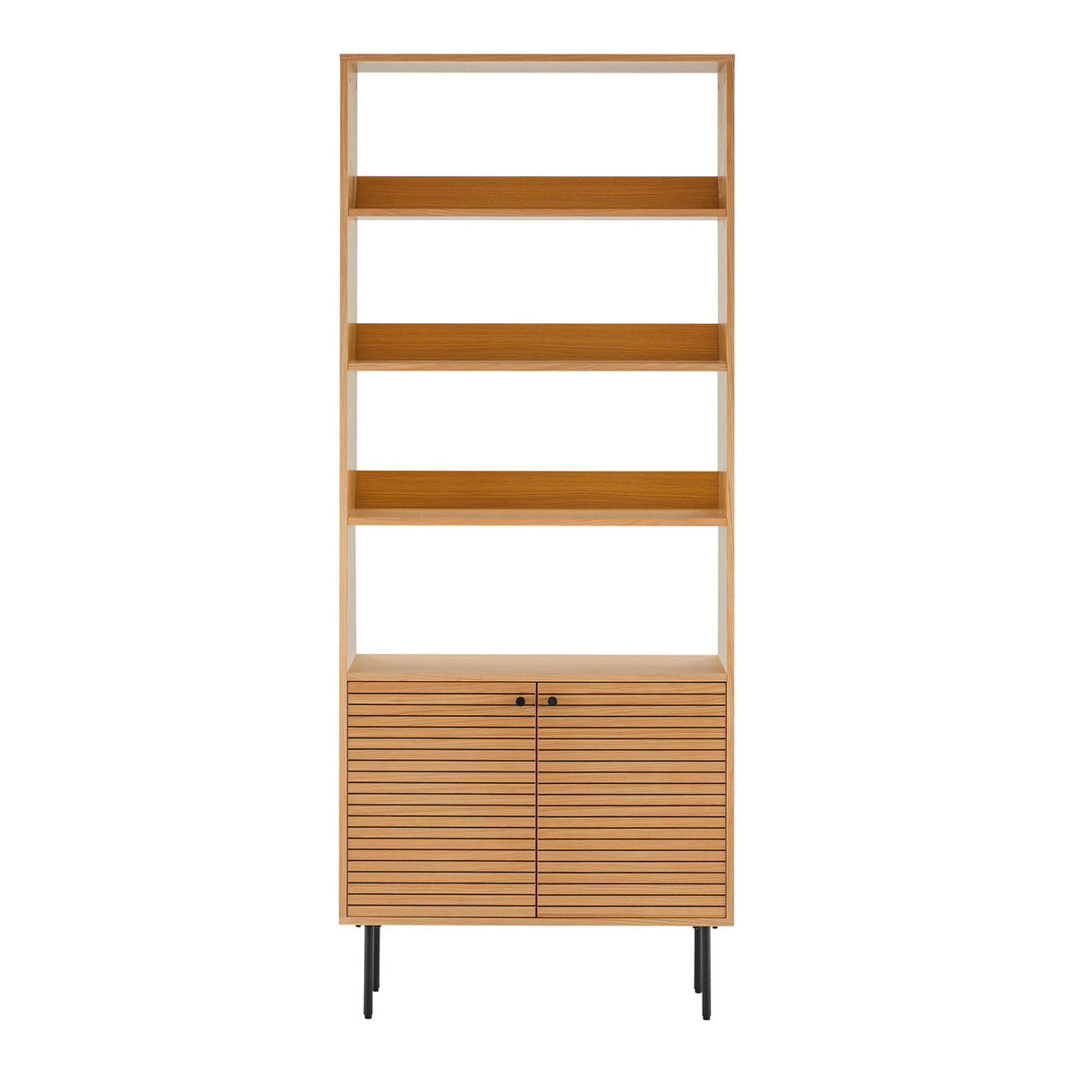 Gunnar Bücherregal mit 2 Türen – Eichenfurnier Natur, Beine Schwarz, 80 × 30 × 200 cm von Luiva Living