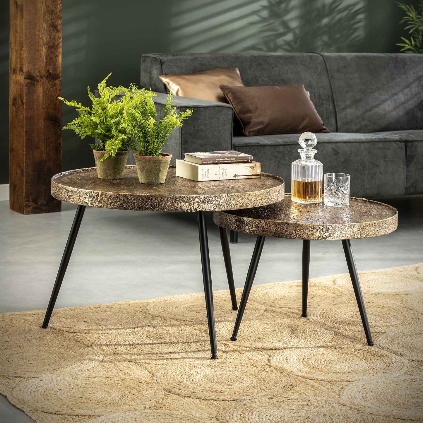Couchtisch Set/2 mit aufrecht Rand rund Metallisch / Antike bronze