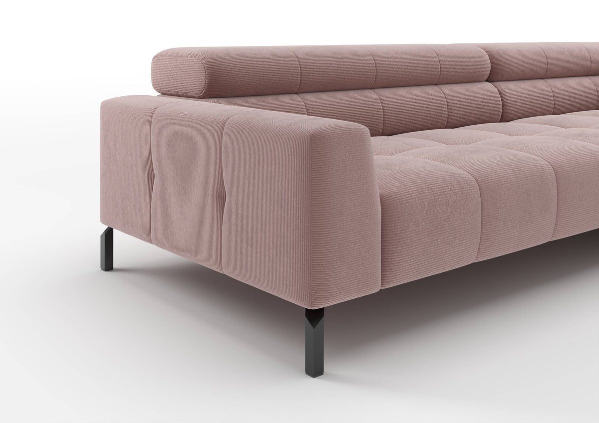 Kalmar Ecksofa in L-Form groß in Feincord Altrosa – Detail Armlehne und Fuß