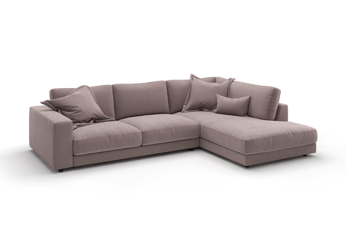 Skagen Ecksofa in L-Form in Feincord Altrosa, Ecke rechts – mit Dekokissen