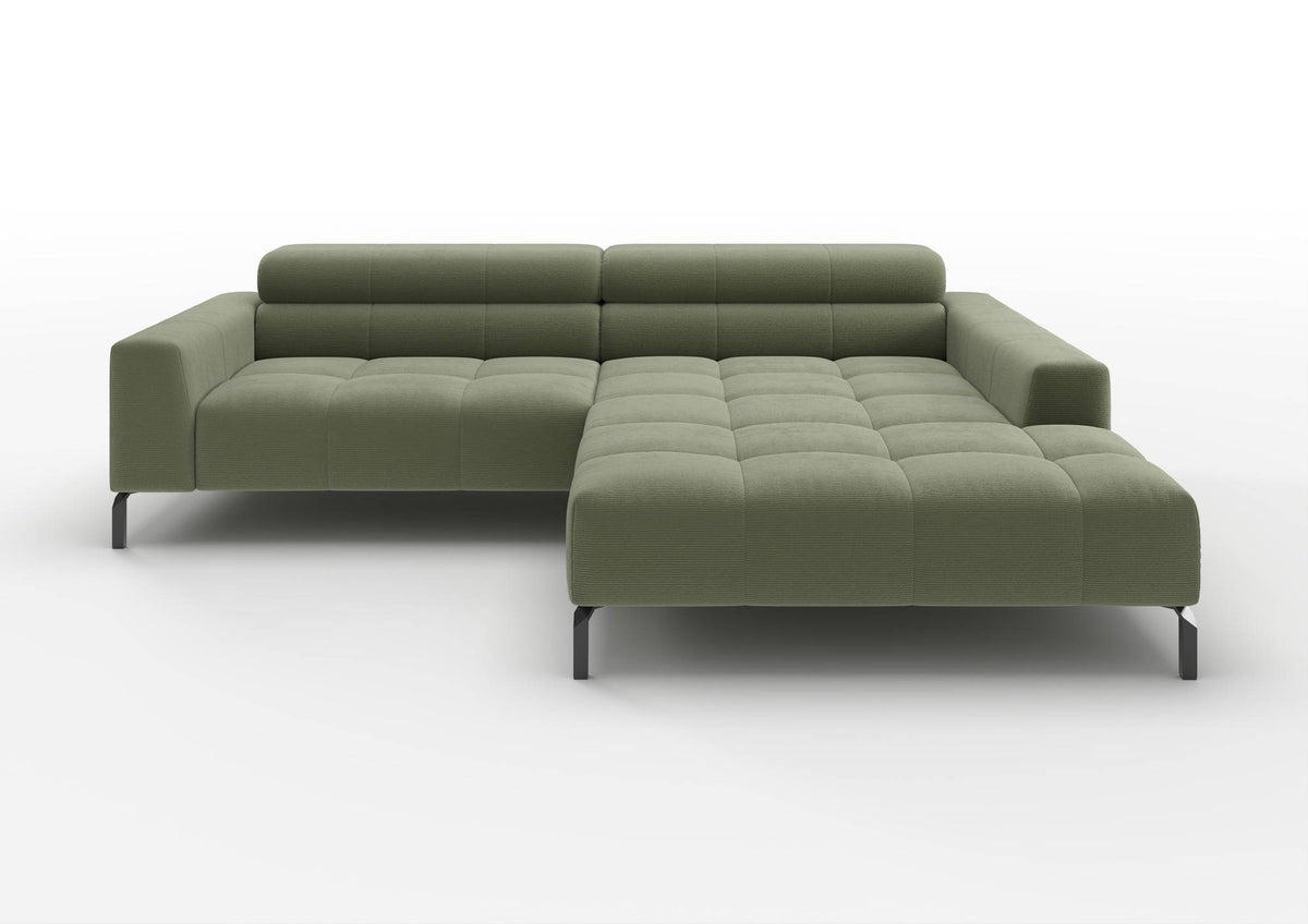 Kalmar Ecksofa kompakt mit Ottomane in Feincord Oliv, Ottomane rechts – Ansicht von vorn