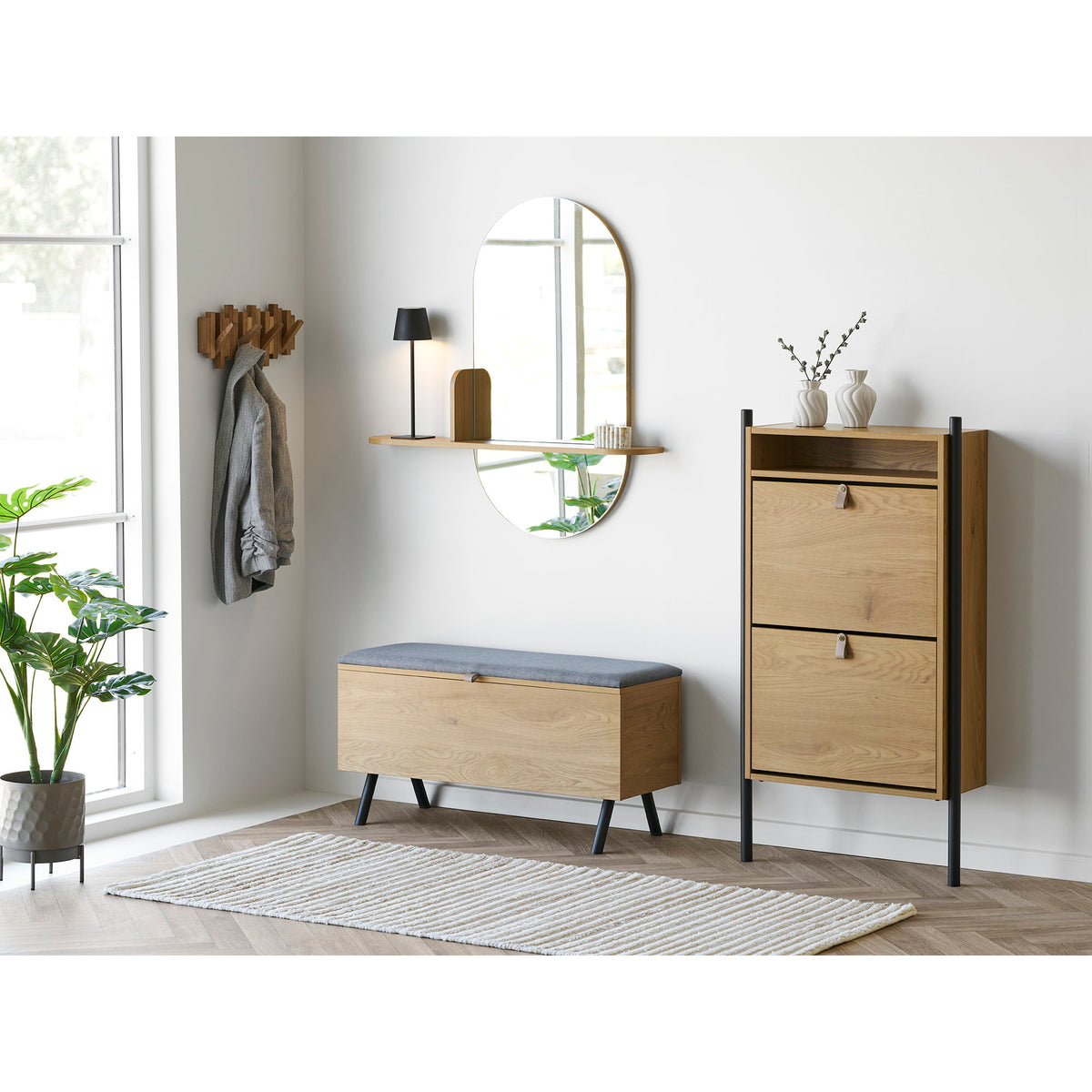 Simon Wandspiegel mit Ablage – Eichenoptik Natur, 92 × 15 × 94,5 cm – Ansicht 5
