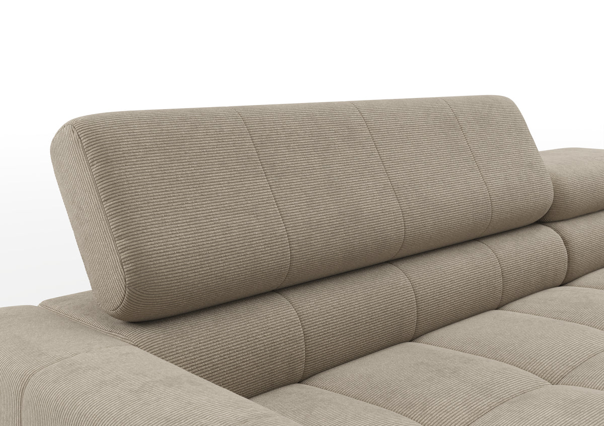 Kalmar Ecksofa mit Longchair in Feincord Sand – Detail Kopfteil