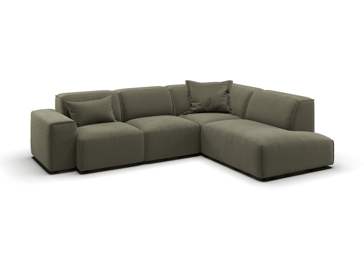 Lund Ecksofa in L-Form in Feincord Oliv, Ecke rechts – mit Dekokissen