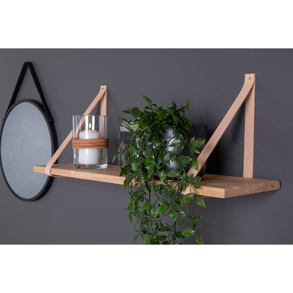 Lino Wandregal mit Lederriemen – Kautschukholz Natur, Riemen Braun, 120 × 20 cm – Ansicht 3