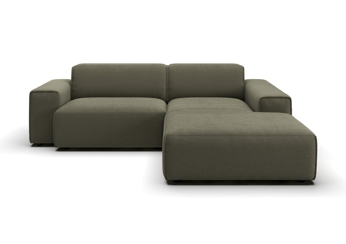 Lund Ecksofa kompakt mit Ottomane in Feincord Oliv, Ottomane rechts – Ansicht von vorn