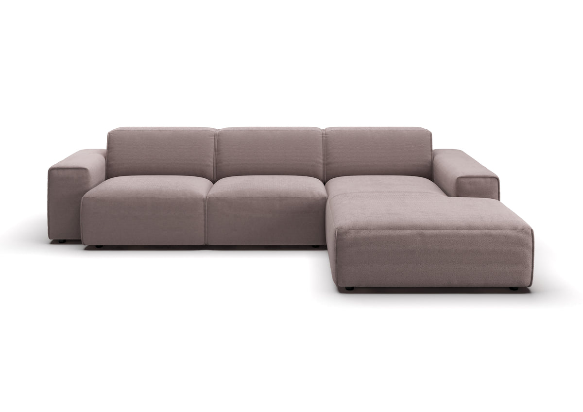 Lund Ecksofa mit Ottomane in Feincord Altrosa, Ottomane rechts – Ansicht von vorn