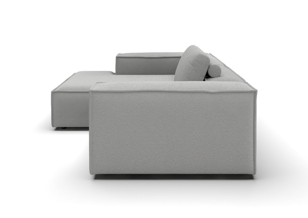 Bergen Ecksofa kompakt mit Longchair in Feincord Grau, Longchair links – Seitenansicht