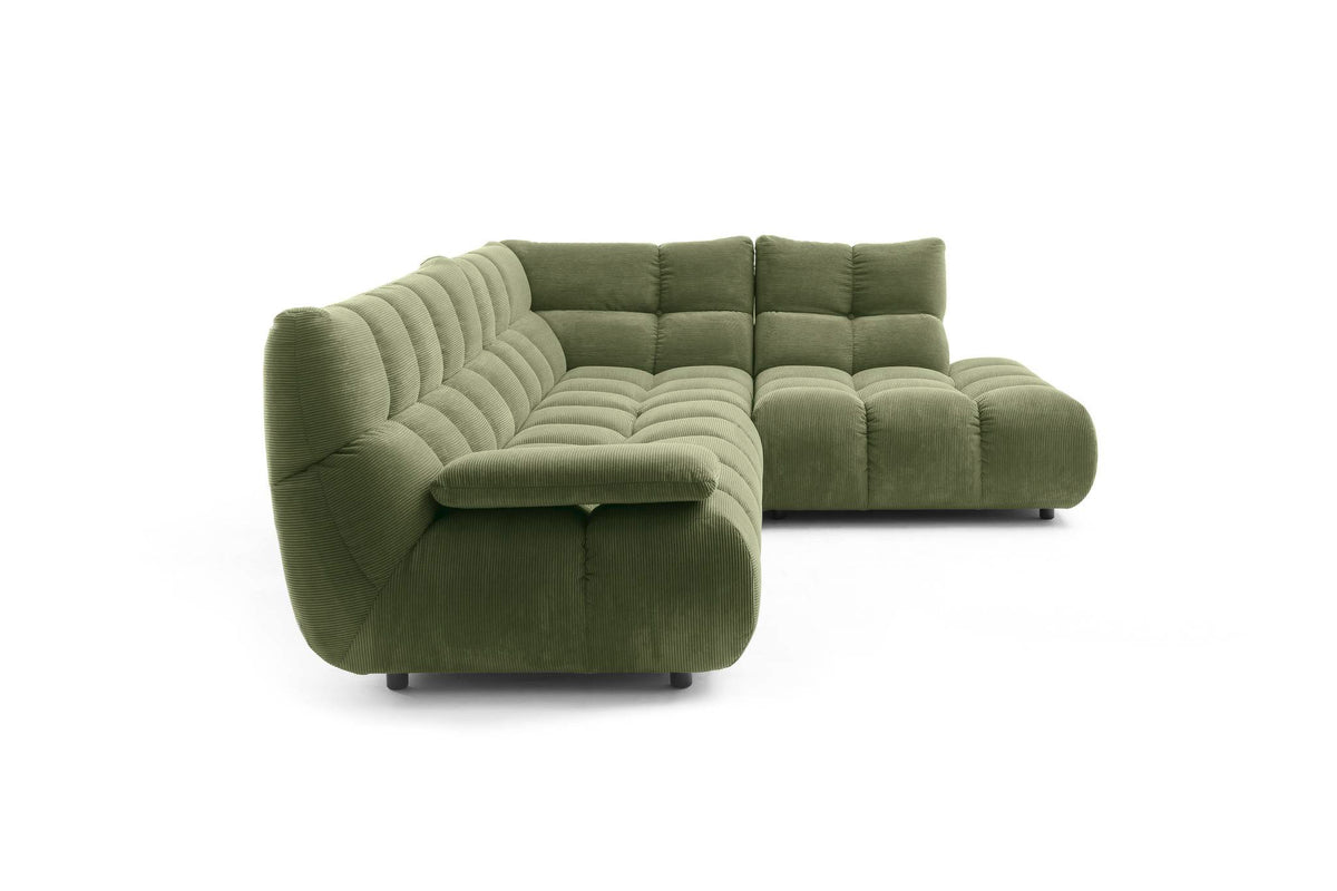 Ribe Ecksofa in L-Form in Feincord Oliv, Ecke rechts – Seitenansicht mit heruntergeklappter Armlehne