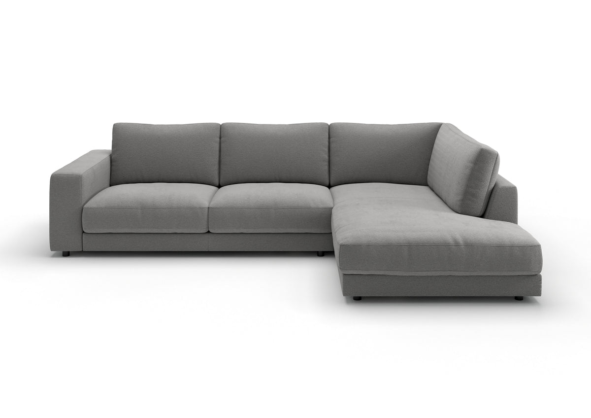 Skagen Ecksofa in L-Form in Feincord Grau, Ecke rechts – Ansicht von vorn