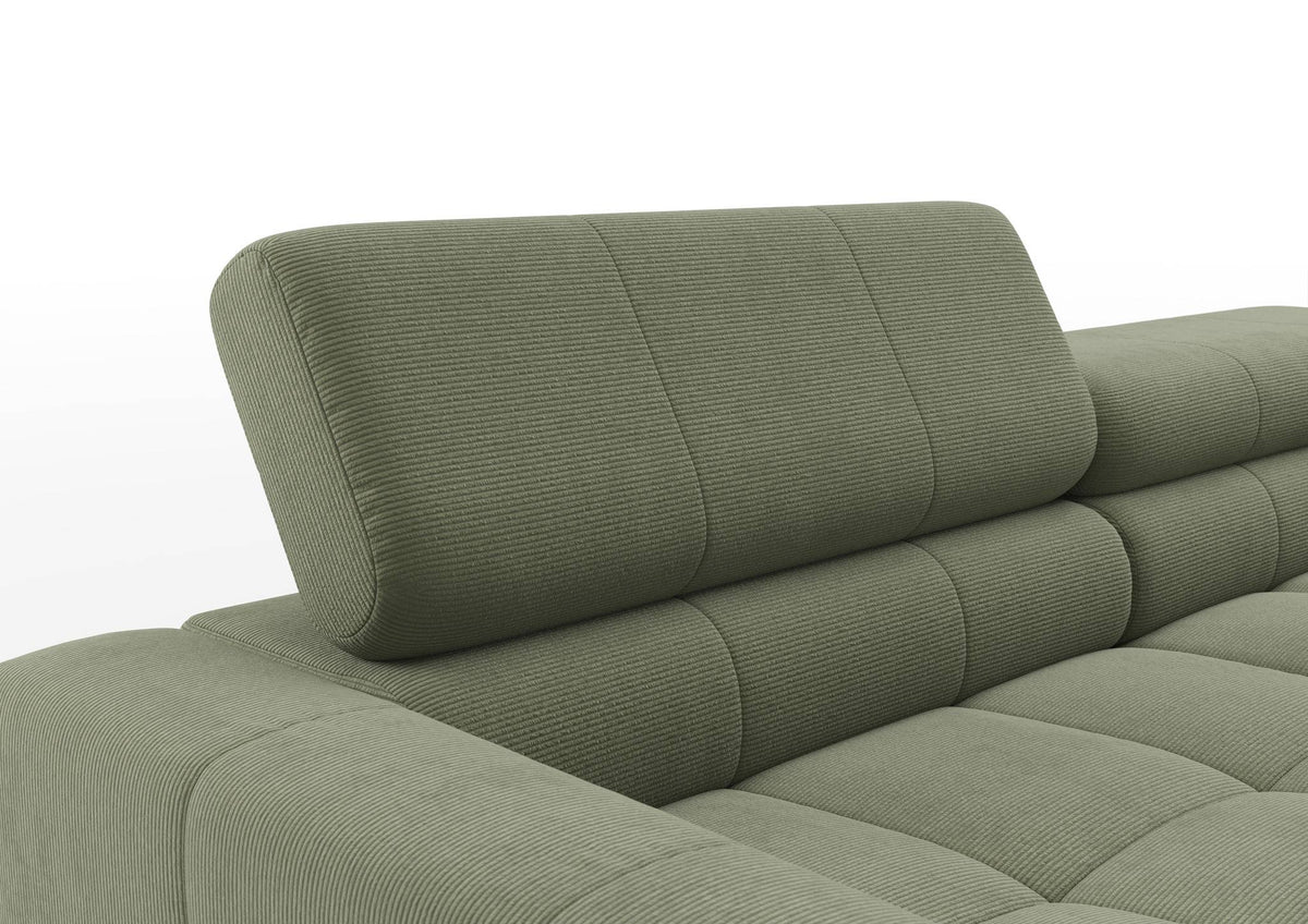 Kalmar Ecksofa kompakt mit Ottomane in Feincord Oliv – Detail Kopfteil