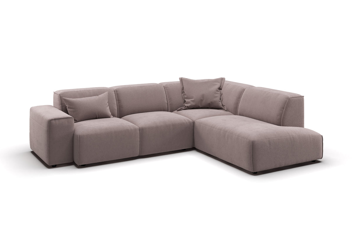 Lund Ecksofa in L-Form in Feincord Altrosa, Ecke rechts – mit Dekokissen