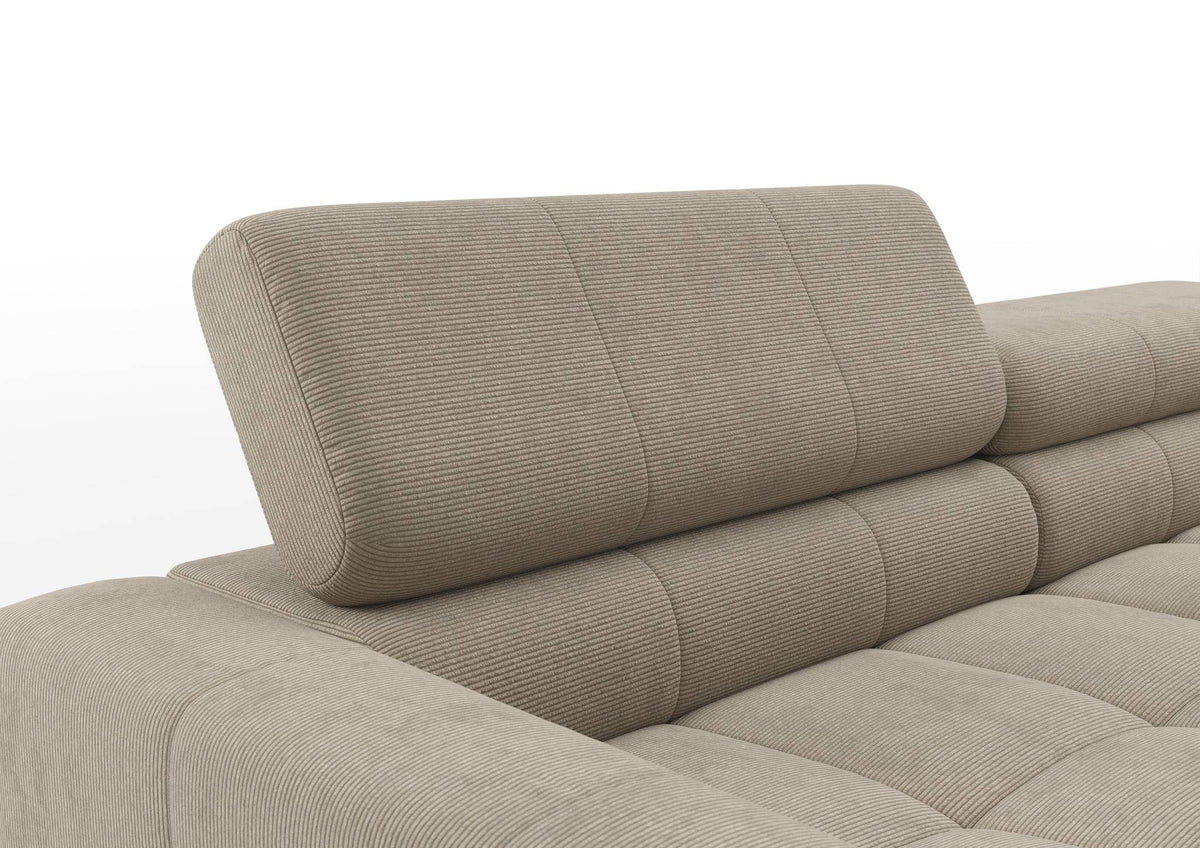 Kalmar Ecksofa kompakt mit Ottomane in Feincord Sand – Detail Kopfteil