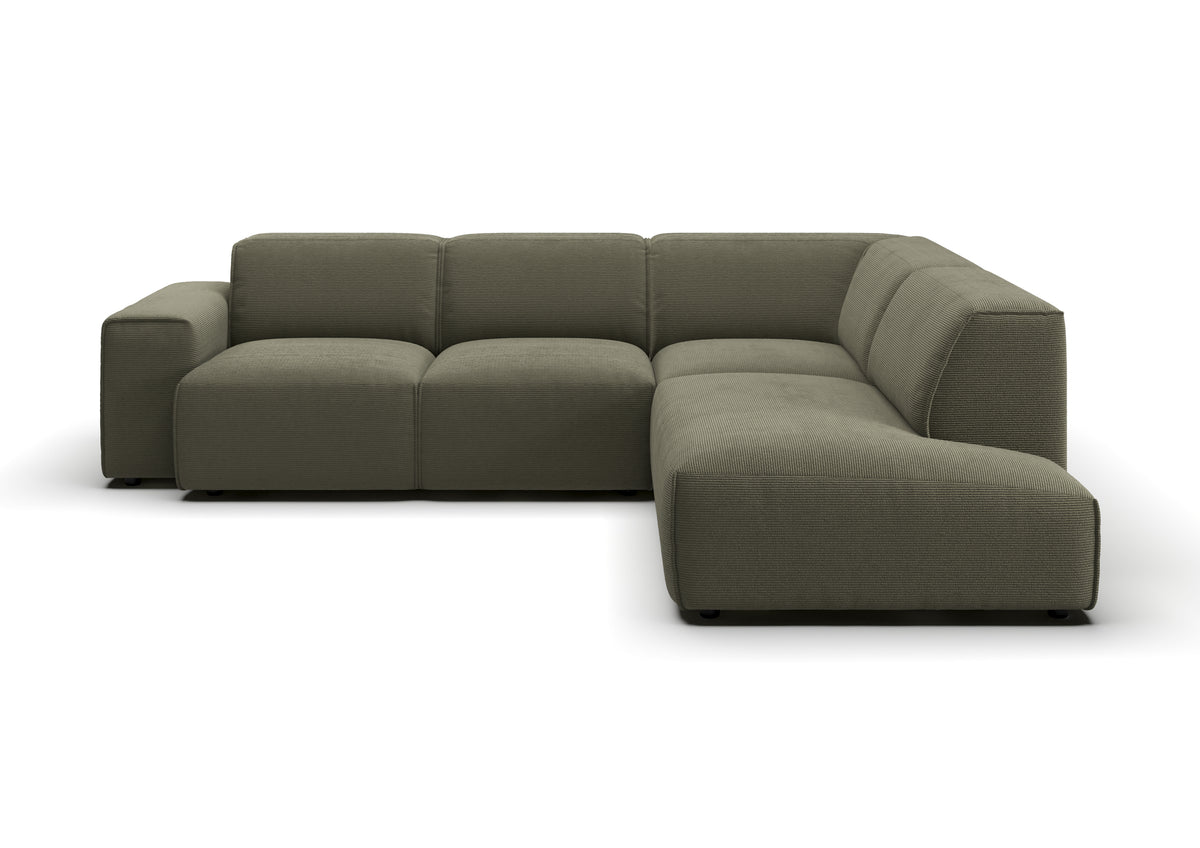 Lund Ecksofa in L-Form in Feincord Oliv, Ecke rechts – Ansicht von vorn