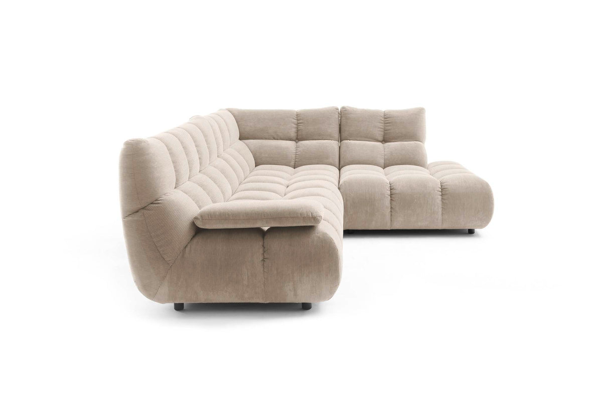 Ribe Ecksofa in L-Form in Feincord Sand, Ecke rechts – Seitenansicht mit heruntergeklappter Armlehne
