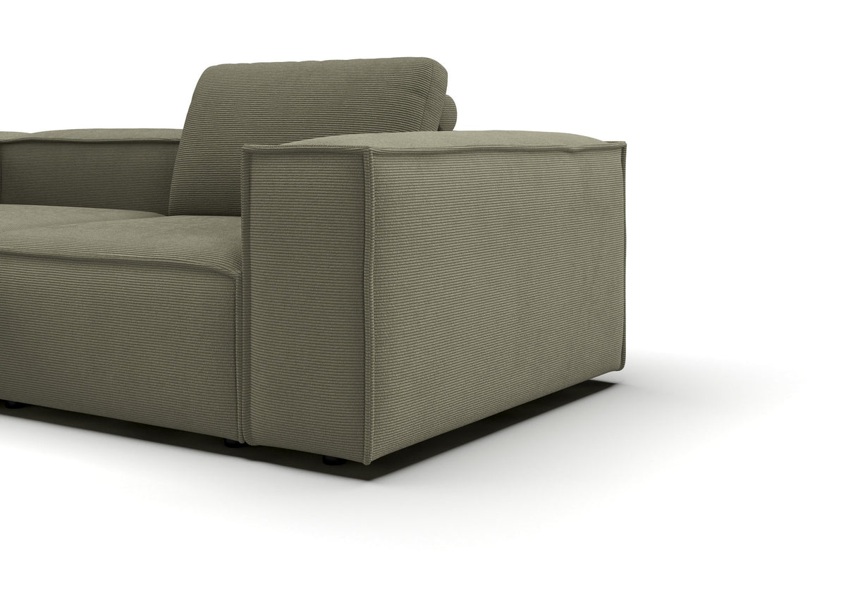Bergen Ecksofa kompakt mit Longchair in Feincord Oliv, Longchair links – Detail Armlehne