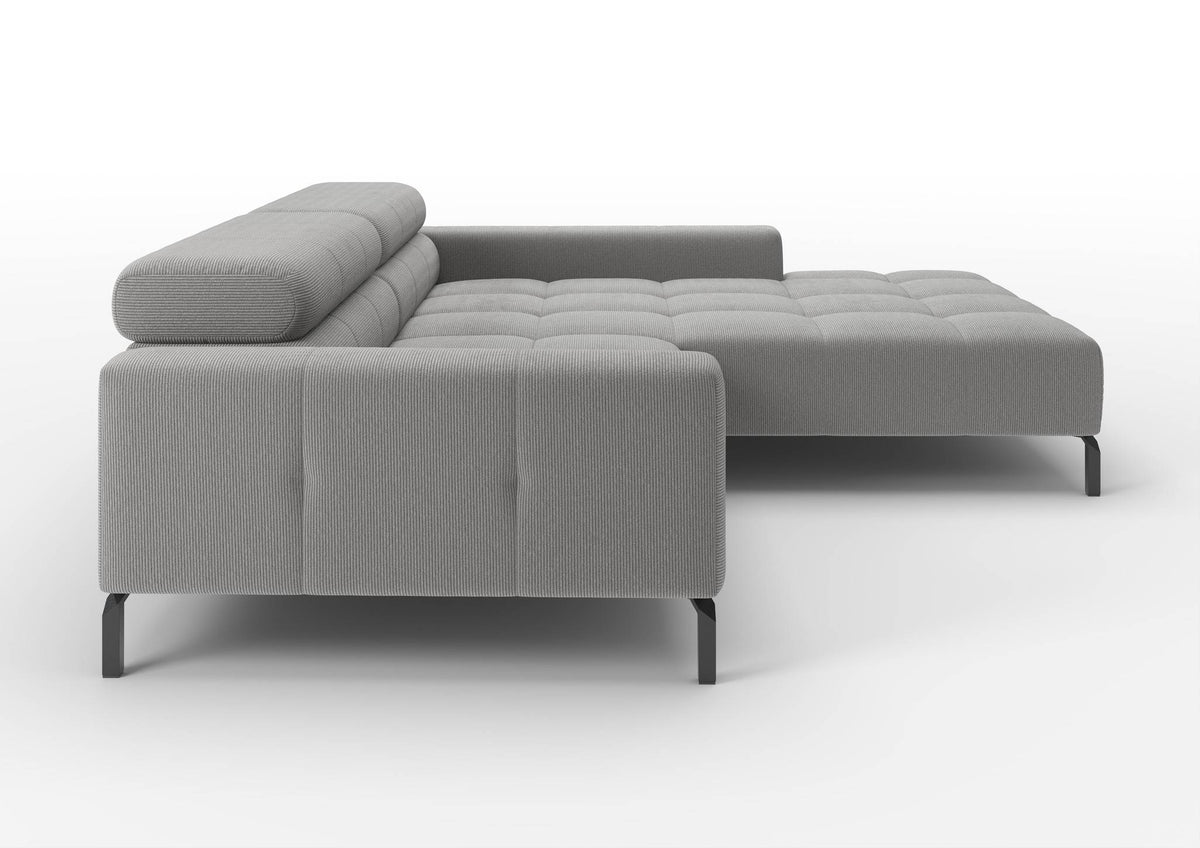 Kalmar Ecksofa kompakt mit Ottomane in Feincord Grau, Ottomane rechts – Seitenansicht