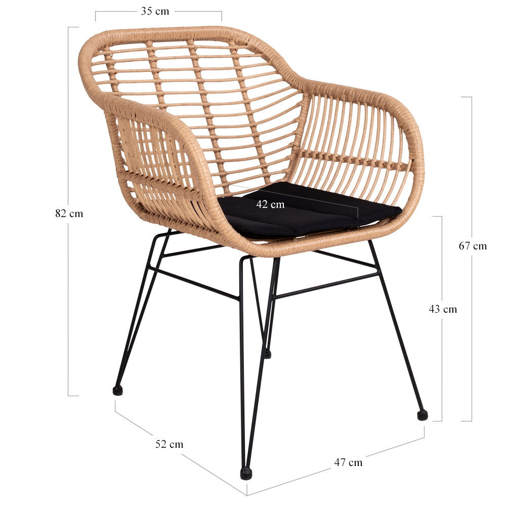 Nina Gartensessel 2er-Set inkl. Kissen – Polyrattan Natur, Beine Schwarz – Ansicht 5