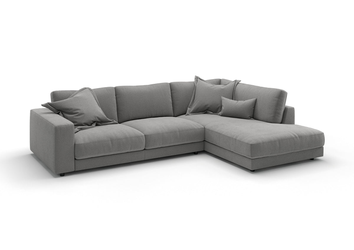 Skagen Ecksofa in L-Form in Feincord Grau, Ecke rechts – mit Dekokissen