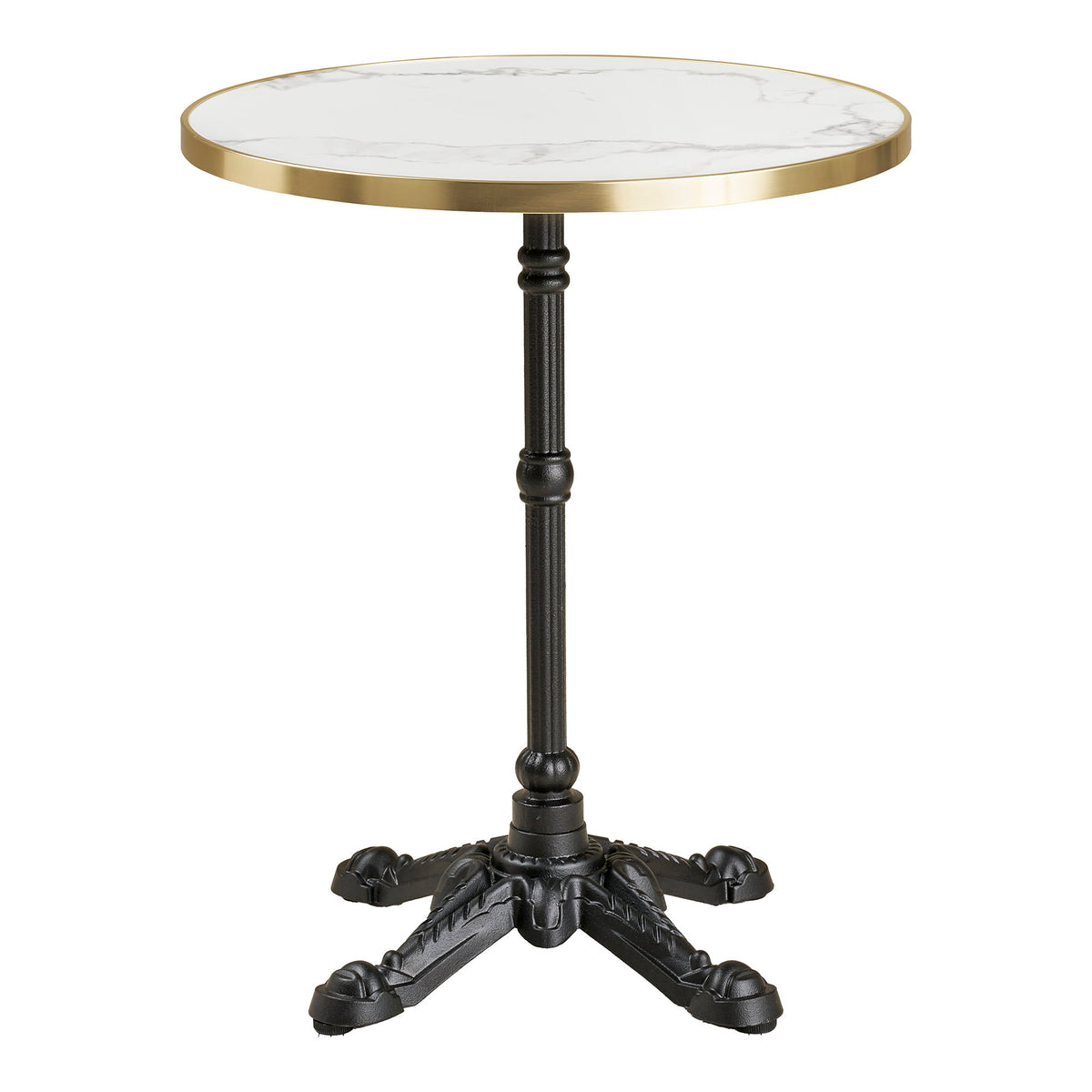 Garten-Bistrotisch rund – Gusseisen, Marmoroptik Weiß mit Goldrand, Beine Schwarz, ø 60 cm von Luiva Living