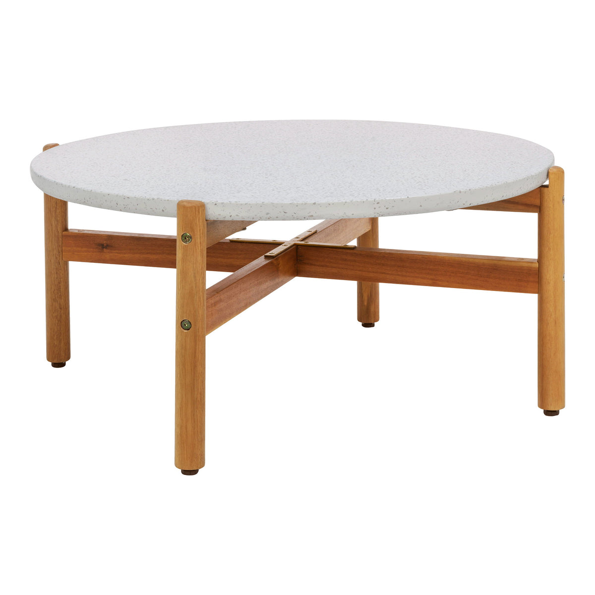 Remo Garten-Couchtisch rund – Akazie/Terrazzo Weiß/Natur, ø 84,5 × 38,5 cm von Luiva Living