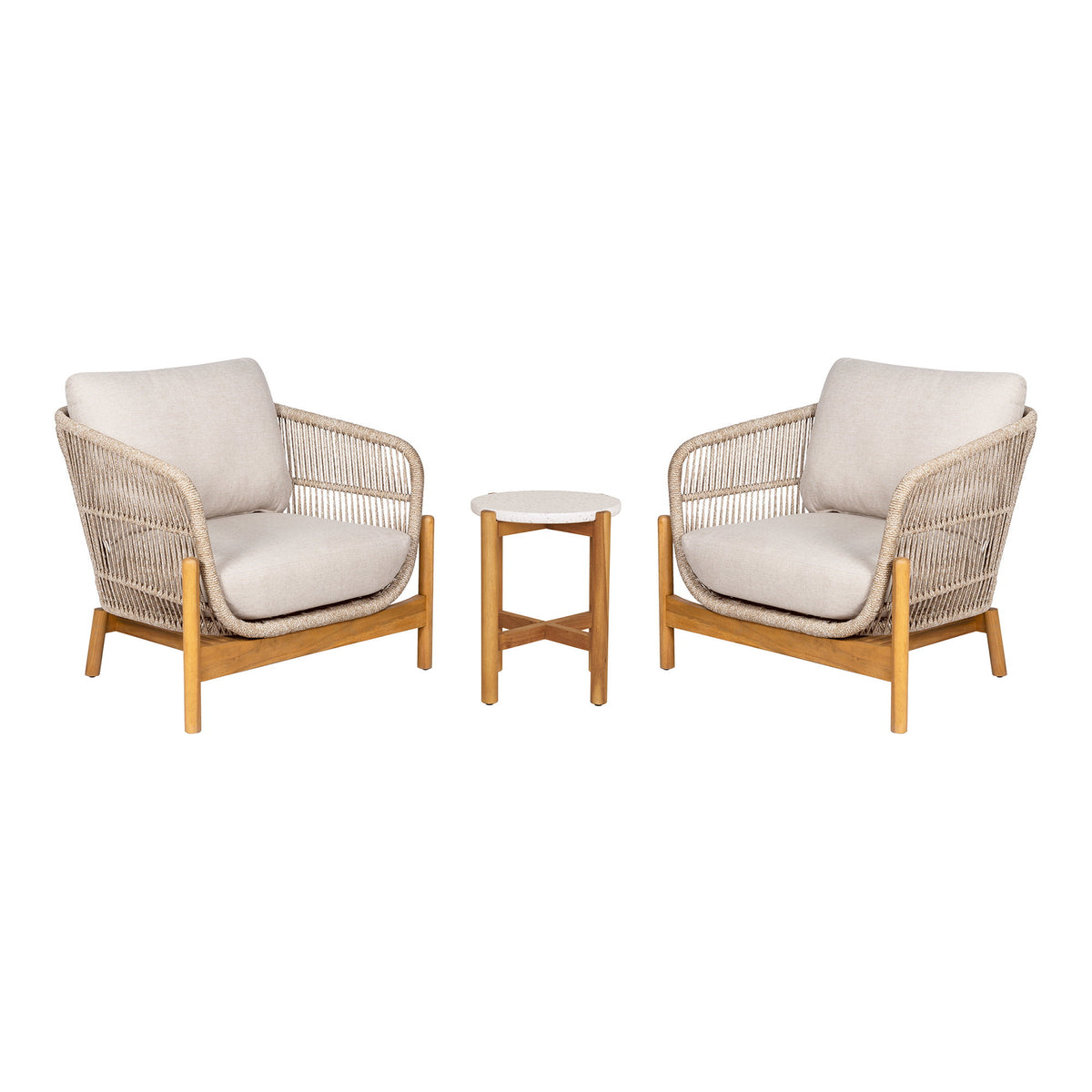 Remo Lounge-Set mit Beistelltisch und 2 Sesseln – Akazie/Seil Braun/Beige von Luiva Living
