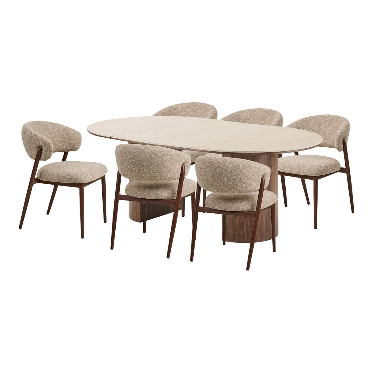 Bianca & Ivo Essgruppe mit 6 Stühlen – Sand/Walnuss/Travertin/Dunkelbraun, 120–160–200 × 120 × 80 cm von Luiva Living