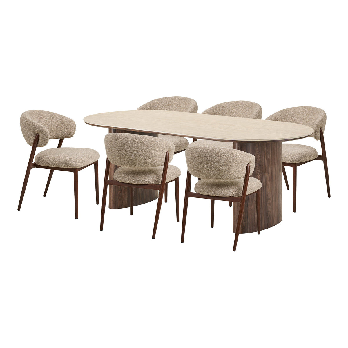 Bianca & Ivo Essgruppe mit 6 Stühlen – Sand/Walnuss/Travertin/Dunkelbraun, 210 × 100 × 76 cm von Luiva Living