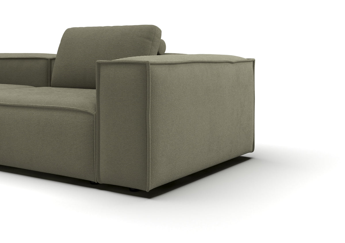 Bergen Ecksofa mit Longchair in Feincord Oliv, Longchair links – Detail Armlehne