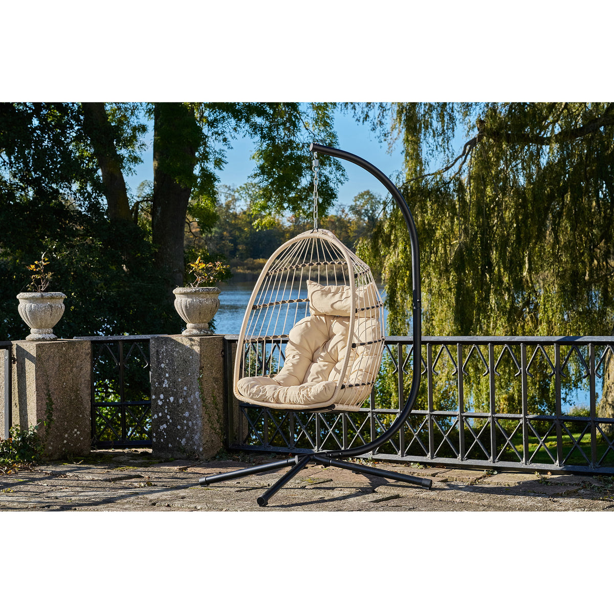 Nea Hängesessel mit Gestell inkl. Kissen – Polyrattan Beige/Grau/Schwarz, 195 × 117 × 107 cm – Ansicht 10
