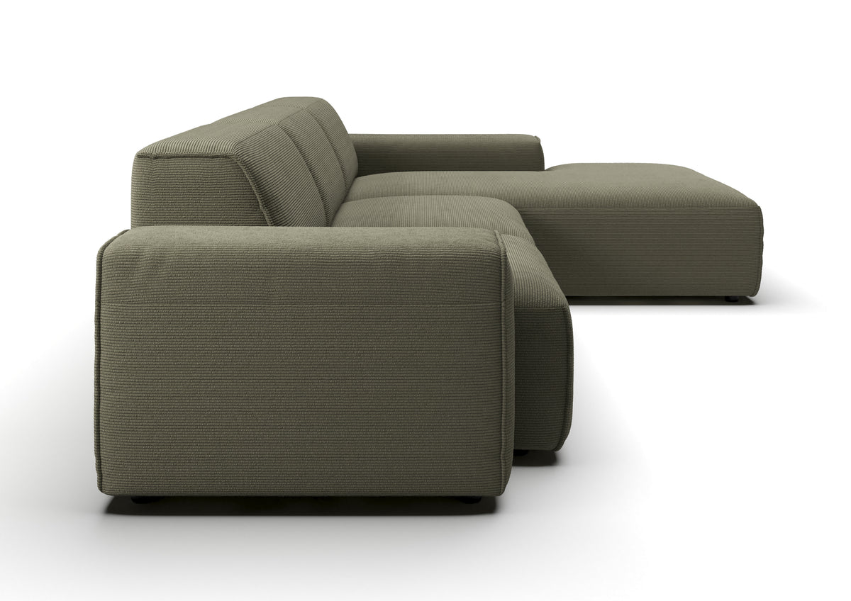 Lund Ecksofa mit Ottomane in Feincord Oliv, Ottomane rechts – Seitenansicht