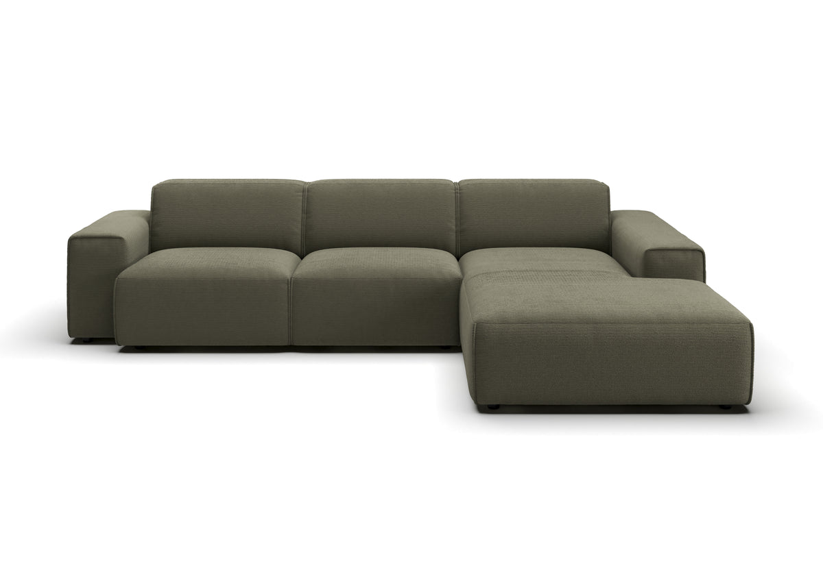 Lund Ecksofa mit Ottomane in Feincord Oliv, Ottomane rechts – Ansicht von vorn