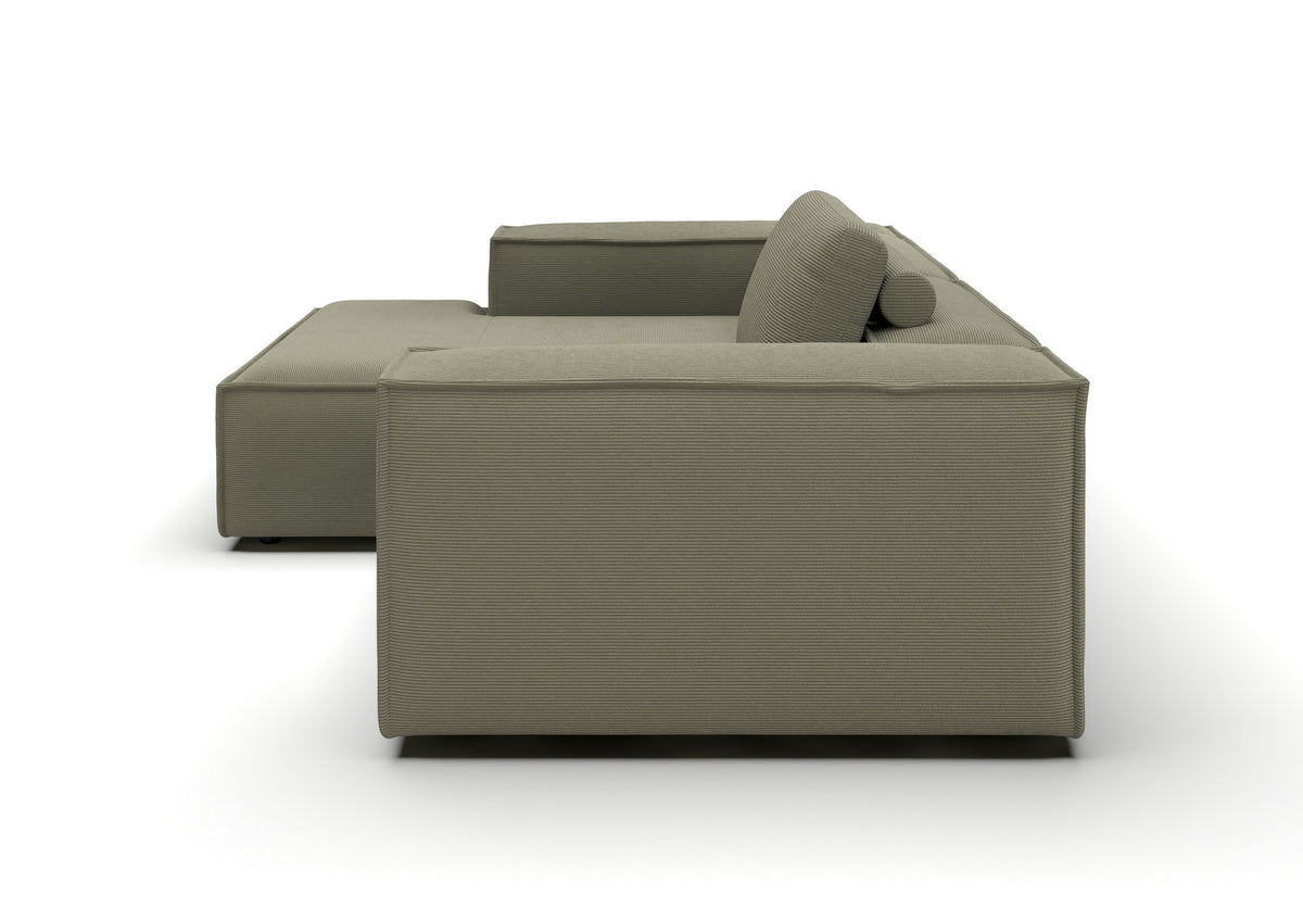 Bergen Ecksofa kompakt mit Longchair in Feincord Oliv, Longchair links – Seitenansicht
