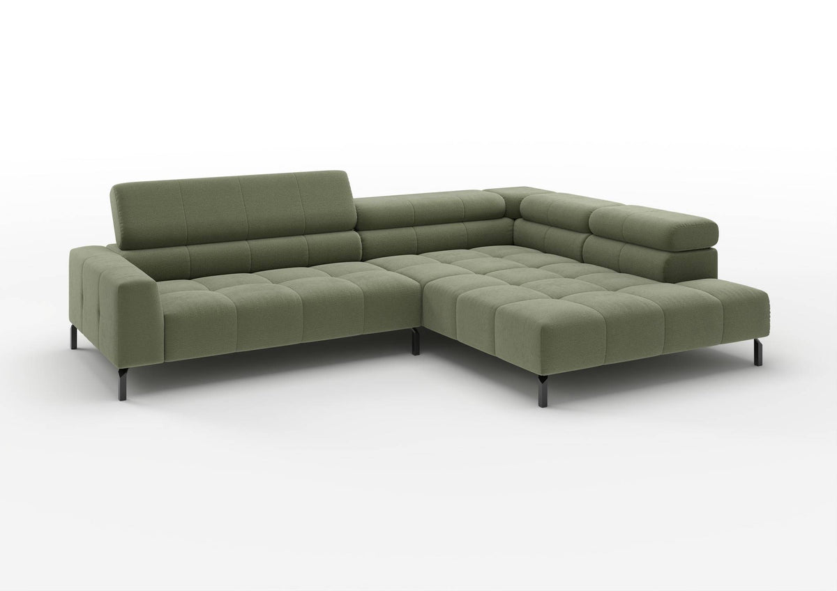 Kalmar Ecksofa in L-Form groß in Feincord Oliv, Ecke rechts – mit hochgestelltem Kopfteil