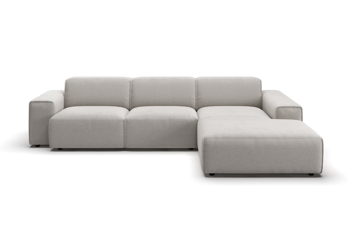 Lund Ecksofa mit Ottomane in Feincord Weiß, Ottomane rechts – Ansicht von vorn
