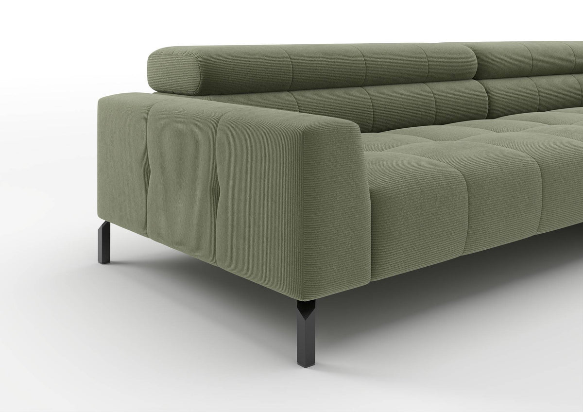 Kalmar Ecksofa in L-Form groß in Feincord Oliv – Detail Armlehne und Fuß