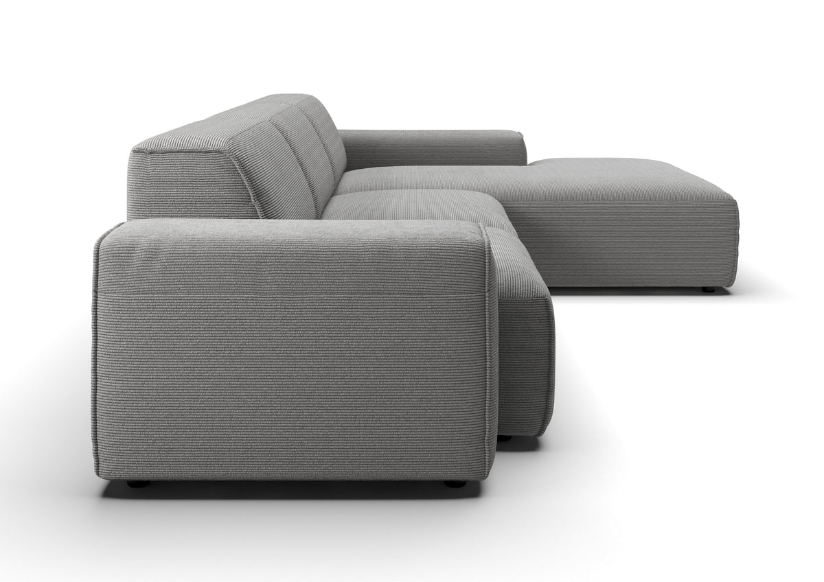 Lund Ecksofa mit Ottomane in Feincord Grau, Ottomane rechts – Seitenansicht