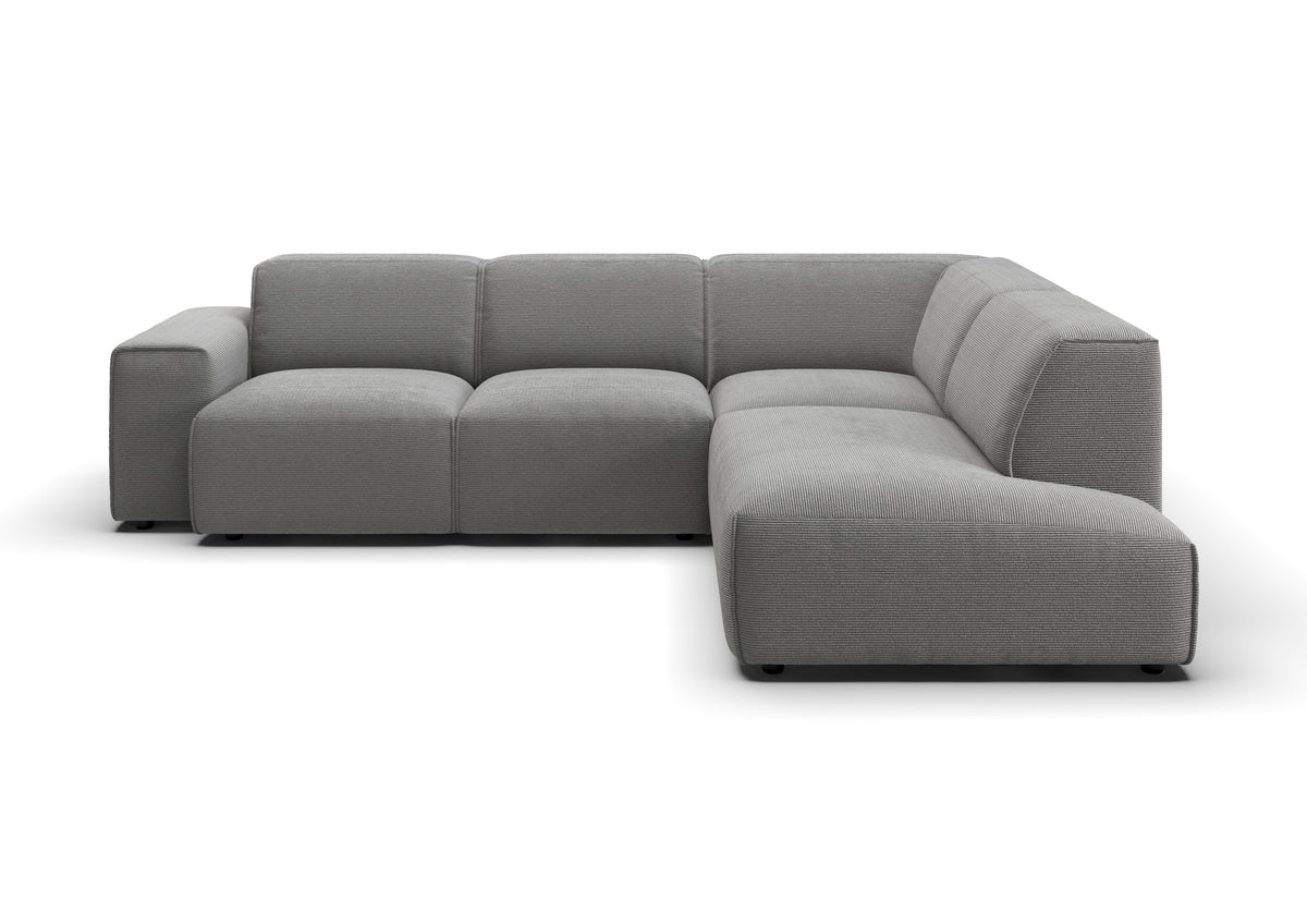 Lund Ecksofa in L-Form in Feincord Grau, Ecke rechts – Ansicht von vorn