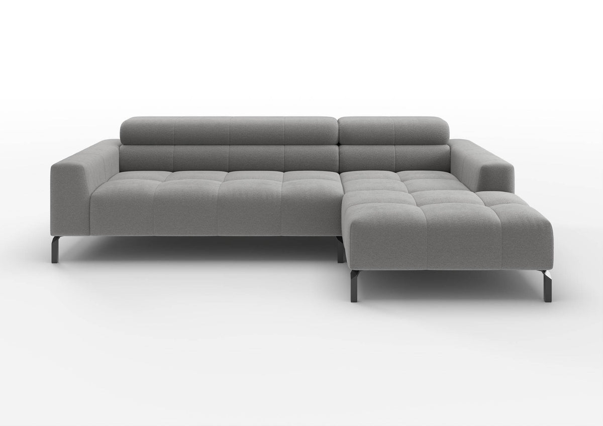 Kalmar Ecksofa mit Longchair in Feincord Grau, Longchair rechts – Ansicht von vorn
