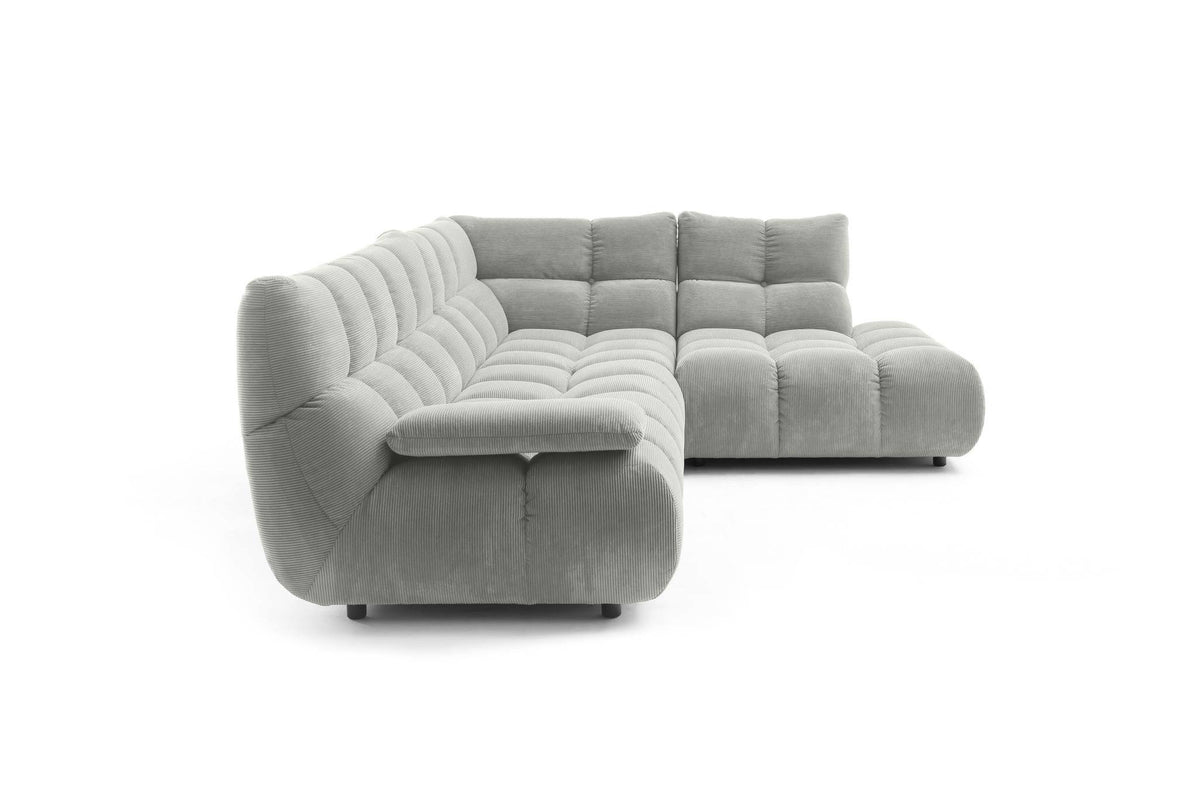 Ribe Ecksofa in L-Form in Feincord Grau, Ecke rechts – Seitenansicht mit heruntergeklappter Armlehne