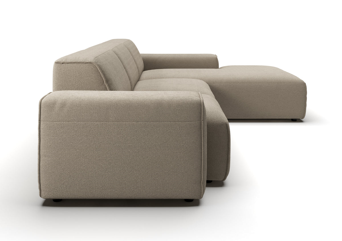 Lund Ecksofa mit Ottomane in Feincord Sand, Ottomane rechts – Seitenansicht