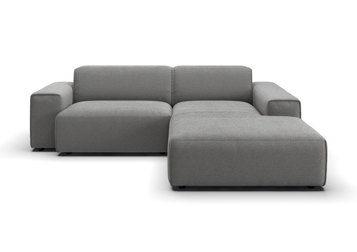 Lund Ecksofa kompakt mit Ottomane in Feincord Grau, Ottomane rechts – Ansicht von vorn