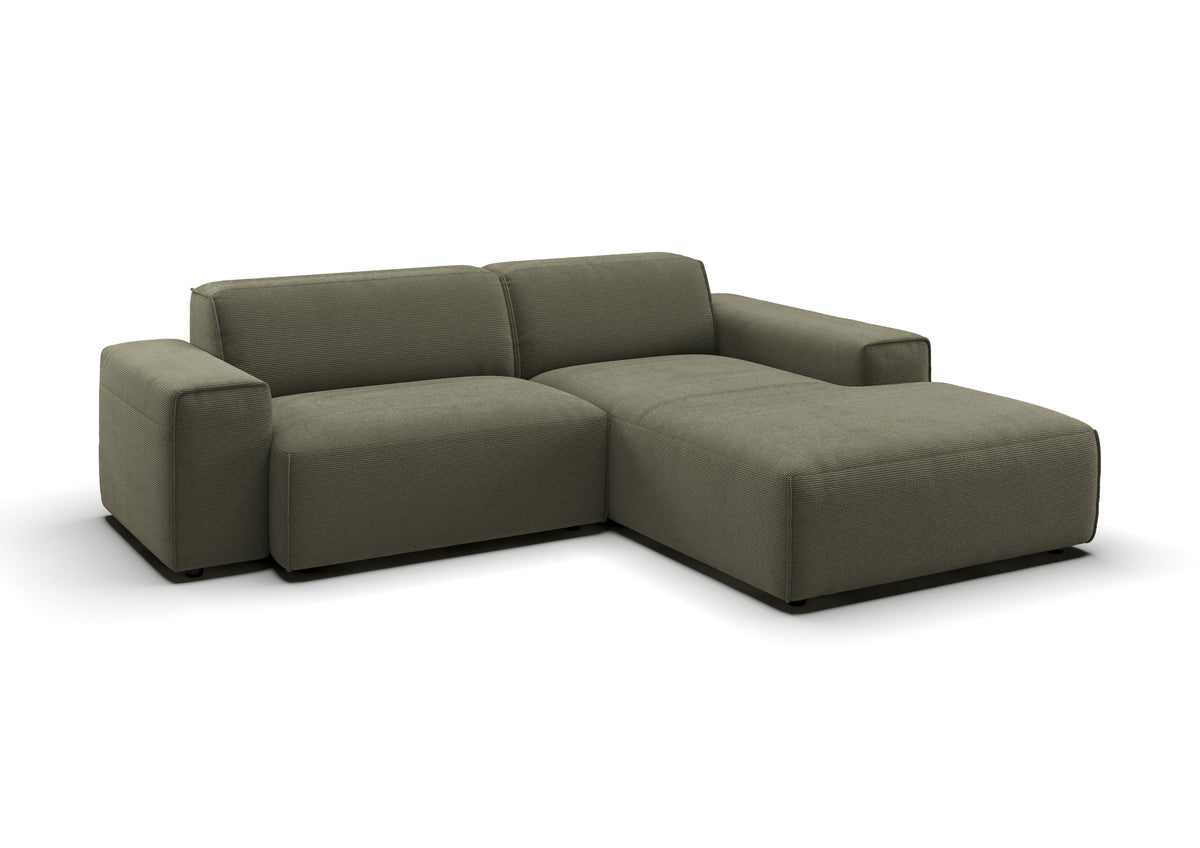 Lund Ecksofa kompakt mit Ottomane in Feincord Oliv, Ottomane rechts
