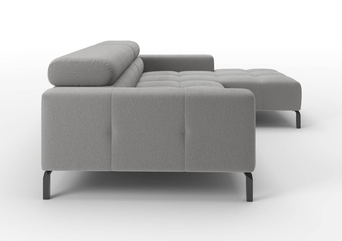 Kalmar Ecksofa mit Longchair in Feincord Grau, Longchair rechts – Seitenansicht