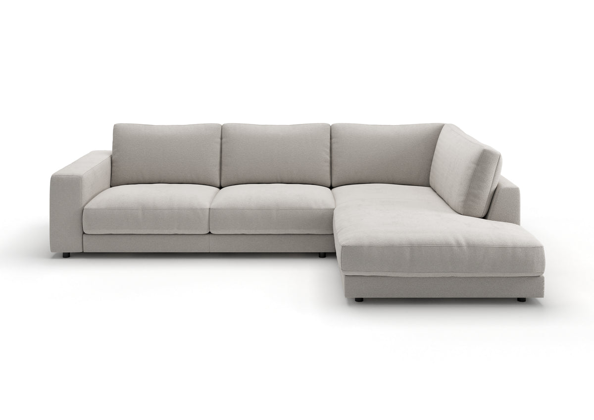 Skagen Ecksofa in L-Form in Feincord Weiß, Ecke rechts – Ansicht von vorn