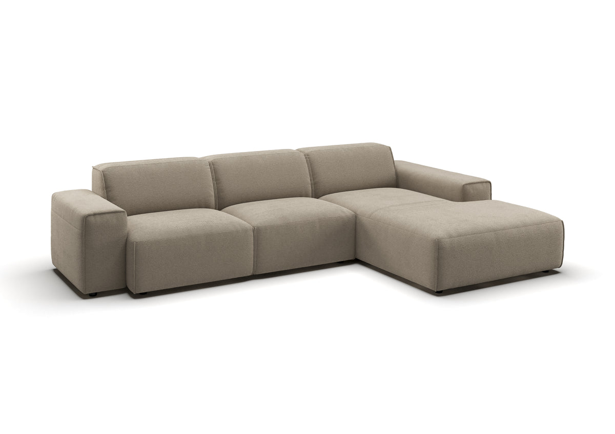 Lund Ecksofa mit Ottomane in Feincord Sand, Ottomane rechts