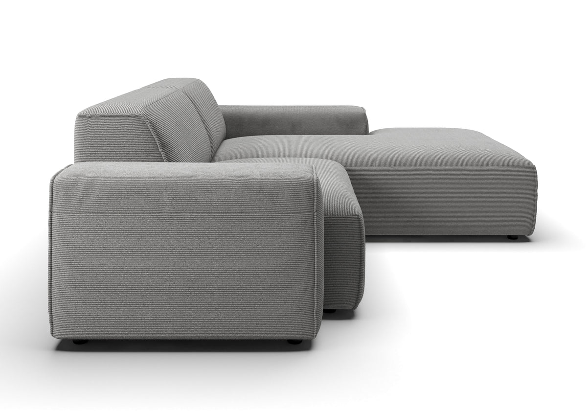 Lund Ecksofa kompakt mit Ottomane in Feincord Grau, Ottomane rechts – Seitenansicht